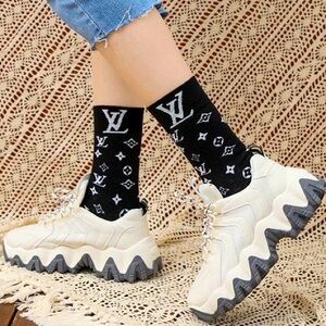 Designer-Inspired Black Logo Crew Socks